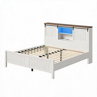 Sliding Barn Door Farmhouse Bed, LED Lights Charging Station Storage Bookcase Headboard Platform Bed