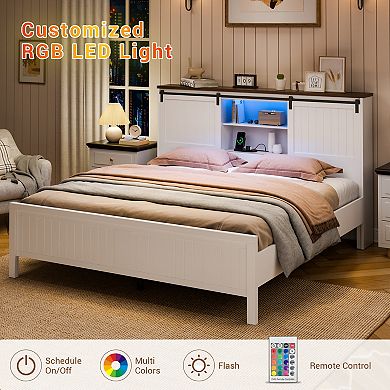 Sliding Barn Door Farmhouse Bed, LED Lights Charging Station Storage Bookcase Headboard Platform Bed