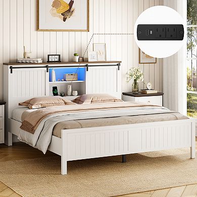 Sliding Barn Door Farmhouse Bed, LED Lights Charging Station Storage Bookcase Headboard Platform Bed