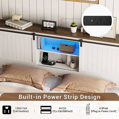 Sliding Barn Door Farmhouse Bed, LED Lights Charging Station Storage Bookcase Headboard Platform Bed