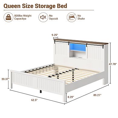 Sliding Barn Door Farmhouse Bed, LED Lights Charging Station Storage Bookcase Headboard Platform Bed