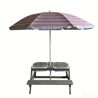 4-in-1 Wooden Sand & Water Table, Removable Umbrella, 2 Covered Bins, Toddler Sensory Play