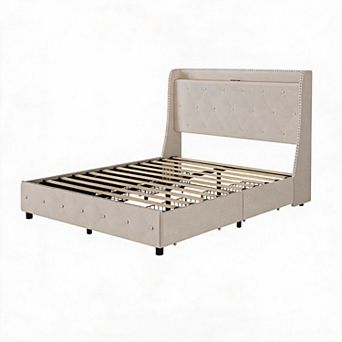 Storage Upholstered Bed Frame Wingback Headboard with Charging Port, 4 Drawers Platform Bed