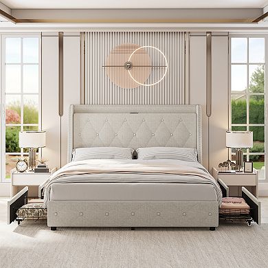 Storage Upholstered Bed Frame Wingback Headboard with Charging Port, 4 Drawers Platform Bed