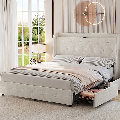 Storage Upholstered Bed Frame Wingback Headboard with Charging Port, 4 Drawers Platform Bed
