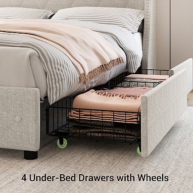 Storage Upholstered Bed Frame Wingback Headboard with Charging Port, 4 Drawers Platform Bed