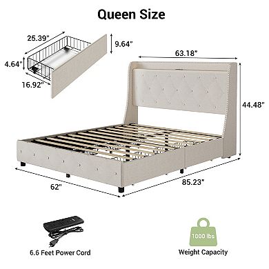 Storage Upholstered Bed Frame Wingback Headboard with Charging Port, 4 Drawers Platform Bed