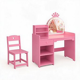 LED Crown Mirror Kids Vanity Set,Wooden Desk with Storage Shelves Drawer Girls Makeup Play Furniture