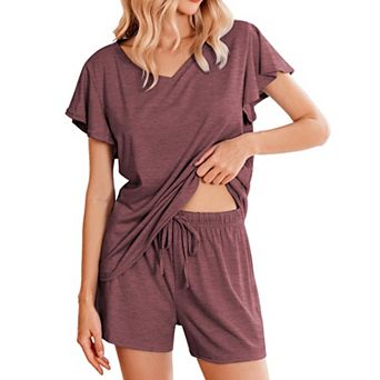 Ekouaer Ladies Pajama Sets Flowers Printed Soft Loungewear Cute Ruffle Sleeve Comfy Sleepwear