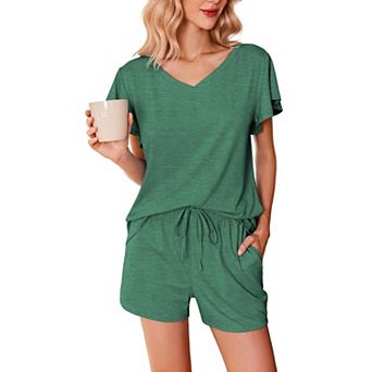 Ekouaer Ladies Pajama Sets Flowers Printed Soft Loungewear Cute Ruffle Sleeve Comfy Sleepwear