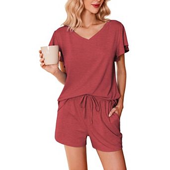 Ekouaer Ladies Pajama Sets Flowers Printed Soft Loungewear Cute Ruffle Sleeve Comfy Sleepwear