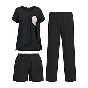 Ekouaer Three Piece Maternity Nursing Pajamas Set Postpartum Breastfeeding Short Sleeve Shirts