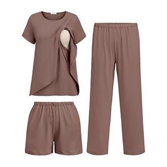 Ekouaer Three Piece Maternity Nursing Pajamas Set Postpartum Breastfeeding Short Sleeve Shirts