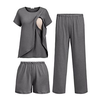 Ekouaer Three Piece Maternity Nursing Pajamas Set Postpartum Breastfeeding Short Sleeve Shirts