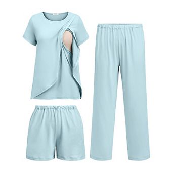 Ekouaer Three Piece Maternity Nursing Pajamas Set Postpartum Breastfeeding Short Sleeve Shirts