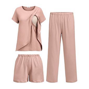 Ekouaer Three Piece Maternity Nursing Pajamas Set Postpartum Breastfeeding Short Sleeve Shirts