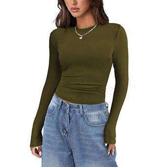 Zeagoo Women's Long Sleeve Stretch Crewneck Ribbed Fitted T-Shirt, Basic Business Casual Tops