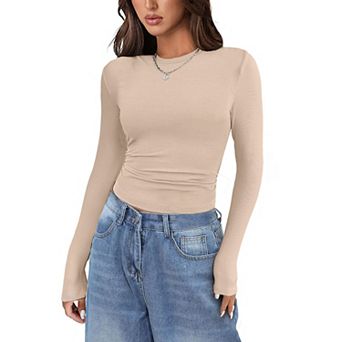 Zeagoo Women's Long Sleeve Stretch Crewneck Ribbed Fitted T-Shirt, Basic Business Casual Tops