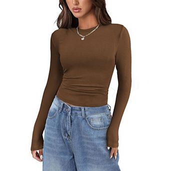 Zeagoo Women's Long Sleeve Stretch Crewneck Ribbed Fitted T-Shirt, Basic Business Casual Tops