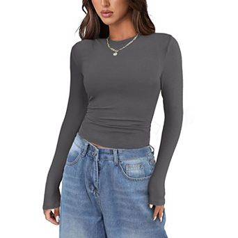 Zeagoo Women's Long Sleeve Stretch Crewneck Ribbed Fitted T-Shirt, Basic Business Casual Tops