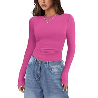 Zeagoo Women's Long Sleeve Stretch Crewneck Ribbed Fitted T-Shirt, Basic Business Casual Tops