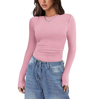 Zeagoo Women's Long Sleeve Stretch Crewneck Ribbed Fitted T-Shirt, Basic Business Casual Tops