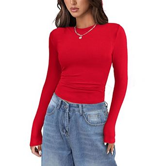 Zeagoo Women's Long Sleeve Stretch Crewneck Ribbed Fitted T-Shirt, Basic Business Casual Tops