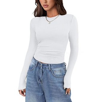 Zeagoo Women's Long Sleeve Stretch Crewneck Ribbed Fitted T-Shirt, Basic Business Casual Tops