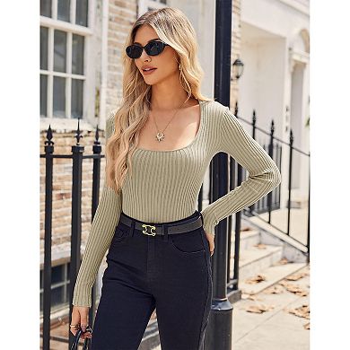 Zeagoo Womens Square Neck Long Sleeve Ribbed Knit Slim Fitted Fall Casual Basic Tee Tops