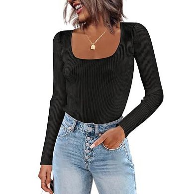 Zeagoo Womens Square Neck Long Sleeve Ribbed Knit Slim Fitted Fall Casual Basic Tee Tops