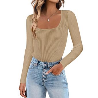 Zeagoo Womens Square Neck Long Sleeve Ribbed Knit Slim Fitted Fall Casual Basic Tee Tops