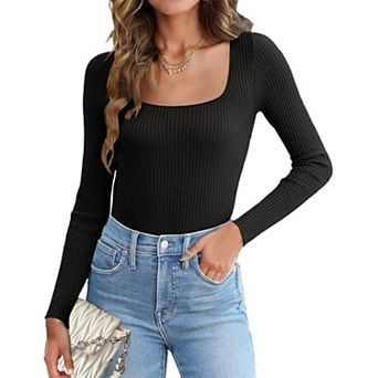 Zeagoo Womens Square Neck Long Sleeve Ribbed Knit Slim Fitted Fall Casual Basic Tee Tops