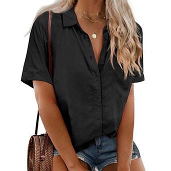 Zeagoo Women Button Down Shirts Plus Size Cotton Blouse Short Sleeve Boyfriend Dress Shirt