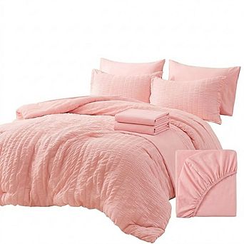 7 pc Full Comforter Set Seersucker Soft All-Season Bedding Sheets Pillow Shams
