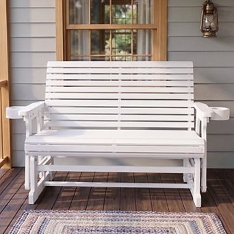 Outdoor wood Glider with Cup Holders, High Roll Back and Deep Contoured Seat, 2-Seater