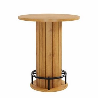 Round Bar Table, 31.5 Inch Wood Bistro Pub Table with Metal Ring Footrest for Small Space Kitchen