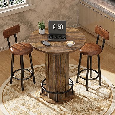 Round Bar Table, 31.5 Inch Wood Bistro Pub Table with Metal Ring Footrest for Small Space Kitchen