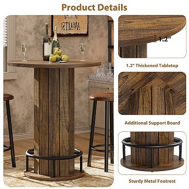 Round Bar Table, 31.5 Inch Wood Bistro Pub Table with Metal Ring Footrest for Small Space Kitchen