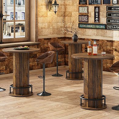 Round Bar Table, 31.5 Inch Wood Bistro Pub Table with Metal Ring Footrest for Small Space Kitchen