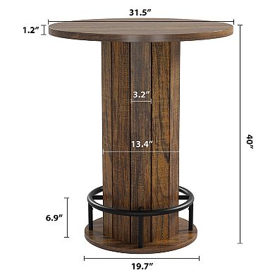 Round Bar Table, 31.5 Inch Wood Bistro Pub Table with Metal Ring Footrest for Small Space Kitchen