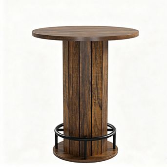 Round Bar Table, 31.5 Inch Wood Bistro Pub Table with Metal Ring Footrest for Small Space Kitchen
