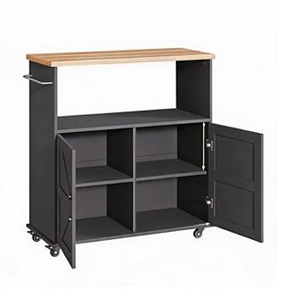 Freestanding Wheeled Kitchen Island Cabinet, Wood Surface with Towel Rack and Brake Wheels