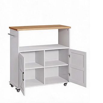 Freestanding Wheeled Kitchen Island Cabinet, Wood Surface with Towel Rack and Brake Wheels