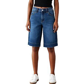 Women's High Waist Cuffed Knee Length Denim Shorts Classic Five Pocket Straight Leg Jean Shorts