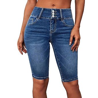 Women's High Waist 3 Button Stretch Denim Bermuda Shorts Knee Length Fit Jean Shorts with Pockets