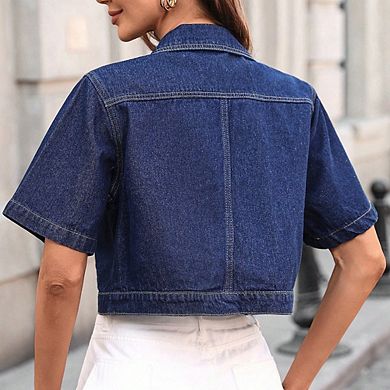 Women's Short Sleeve Cropped Denim Jacket Button Down Pocket Denim Shirt