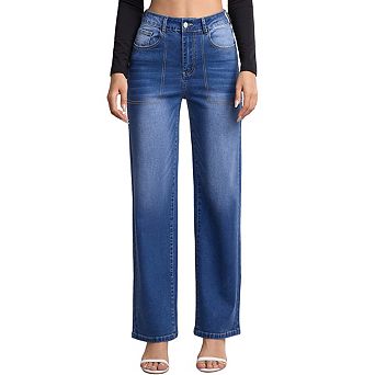 Women's High Waist Front Detail Straight Leg Jean Stretch Denim Full Length Casual Pants