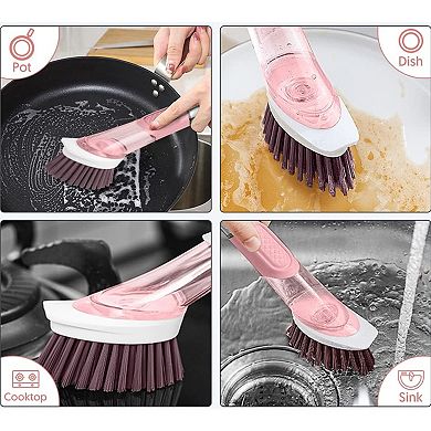 Soap Dispensing Dishwand Brush Storage Set with 4 Non-Scratch Refills