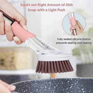 Soap Dispensing Dishwand Brush Storage Set with 4 Non-Scratch Refills