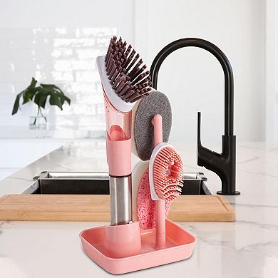 Soap Dispensing Dishwand Brush Storage Set with 4 Non-Scratch Refills